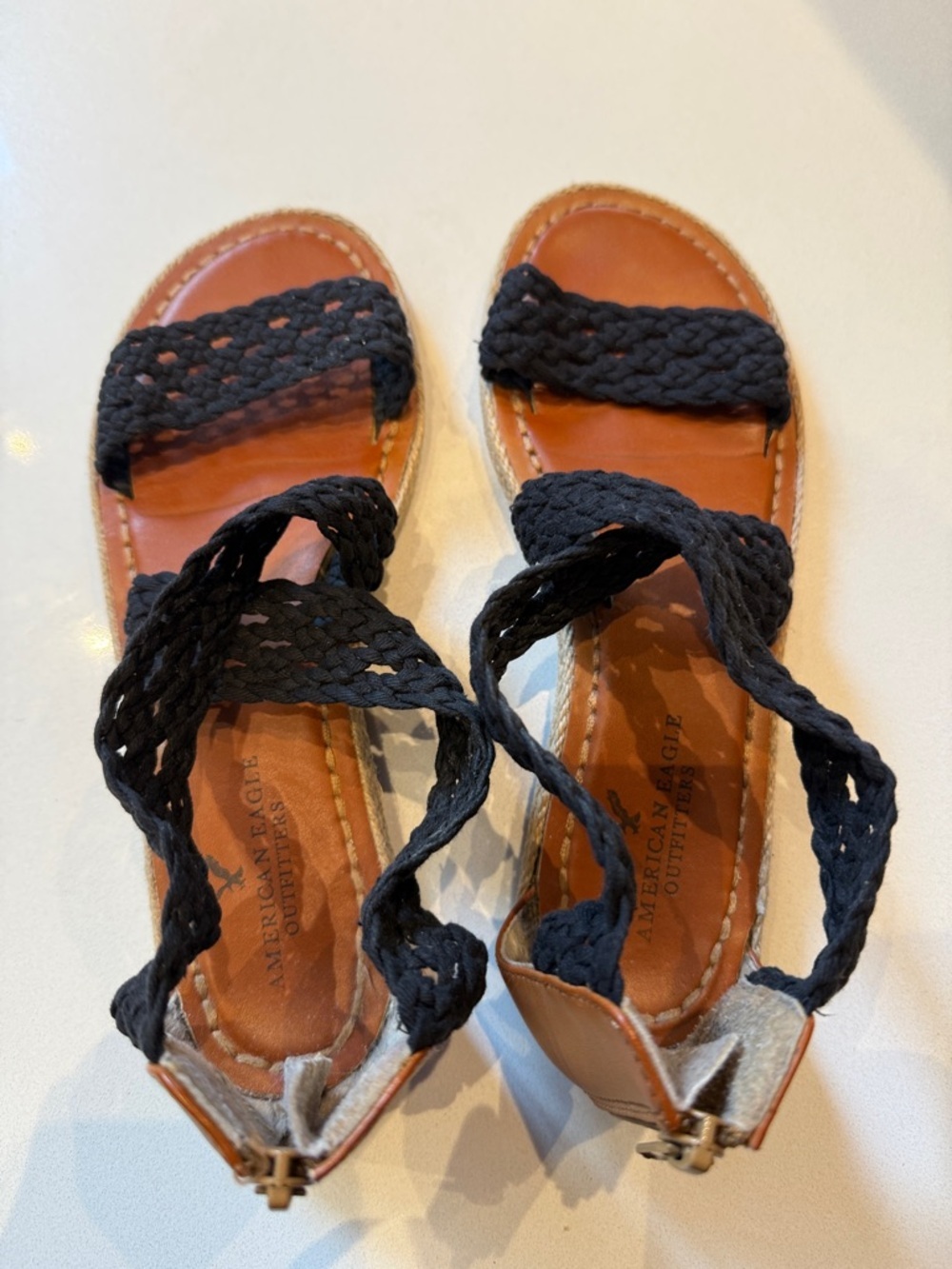 American Eagle Outfitters Braided Crochet Zip Back Sandals, Black, Size 8
